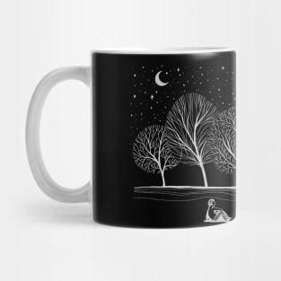 Night winter trees in the snow moon and lonely man Mug
